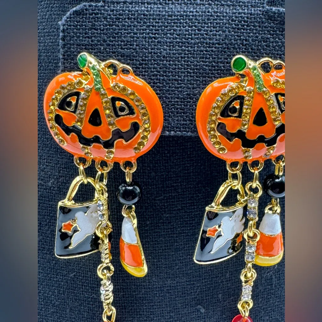 Halloween Pierce Earring Pumpkins with Rhinestones Orange - Image 8