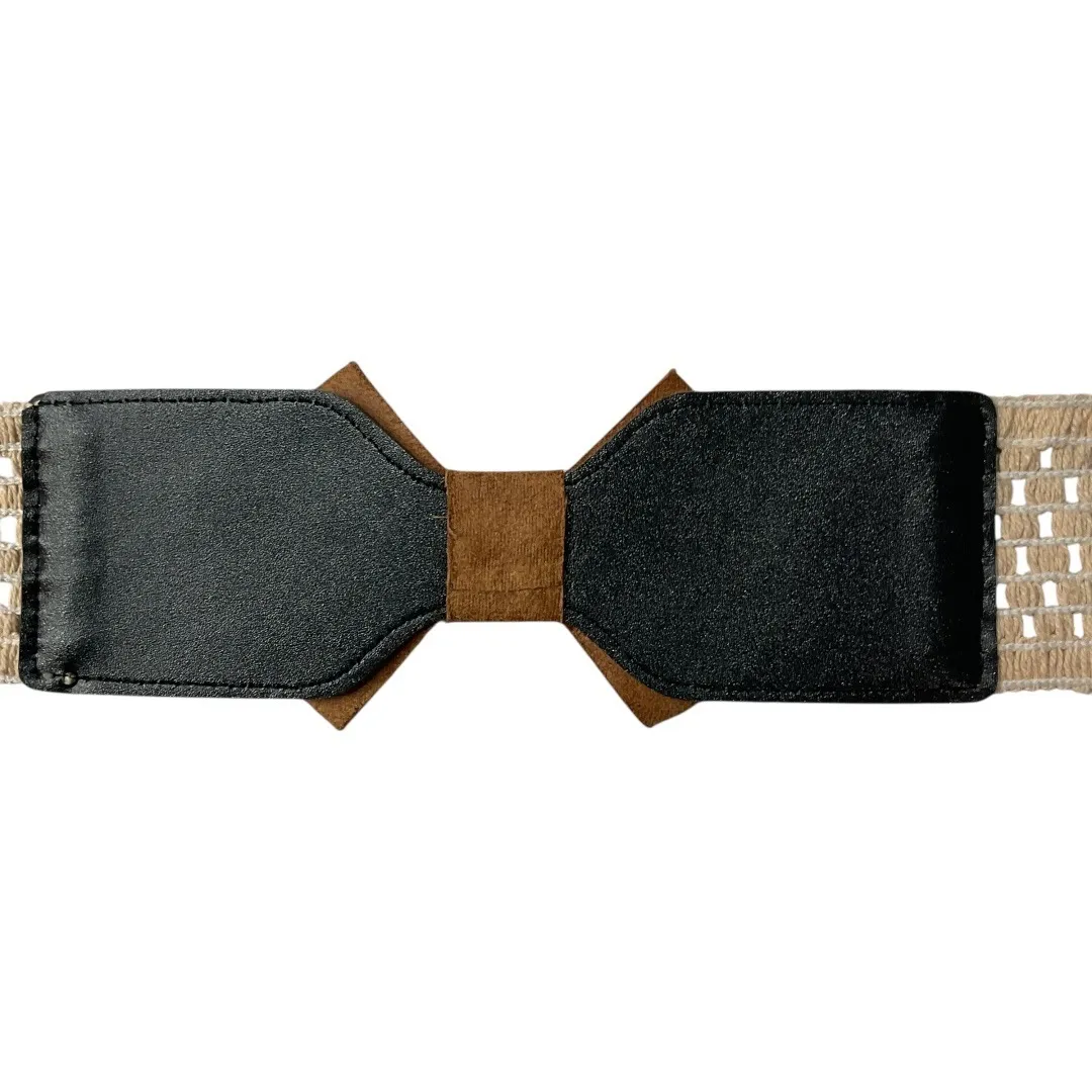 Boho‎ Woven Lacey Waist Belt with Bow Suede Accent Snap Back Stretch Cream Brown Tan - Image 11