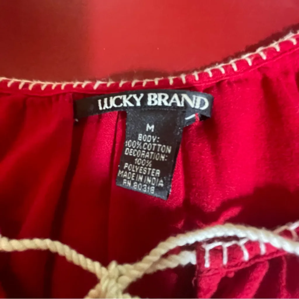 Lucky Brand Red White Embroidered Cotton Peasant Blouse Tassel Boho Americana - Image 3