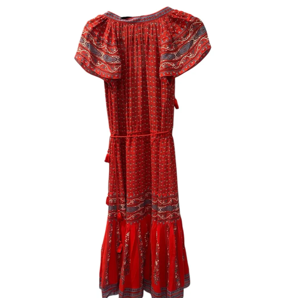Ulla Johnson Neela Tassel Silk Dress Size Small Georgette Midi Scarlet Red Scarf - Image 10