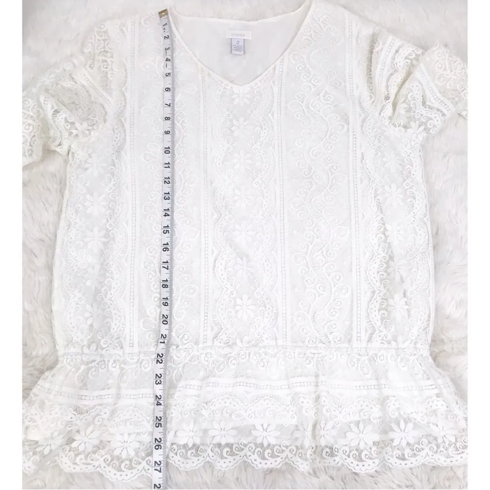 CHICOS Ivory White Lace V-Neck Peplum Hem Blouse Top 3/4 Sleeve Size‎ 2 Large 12 - Image 9
