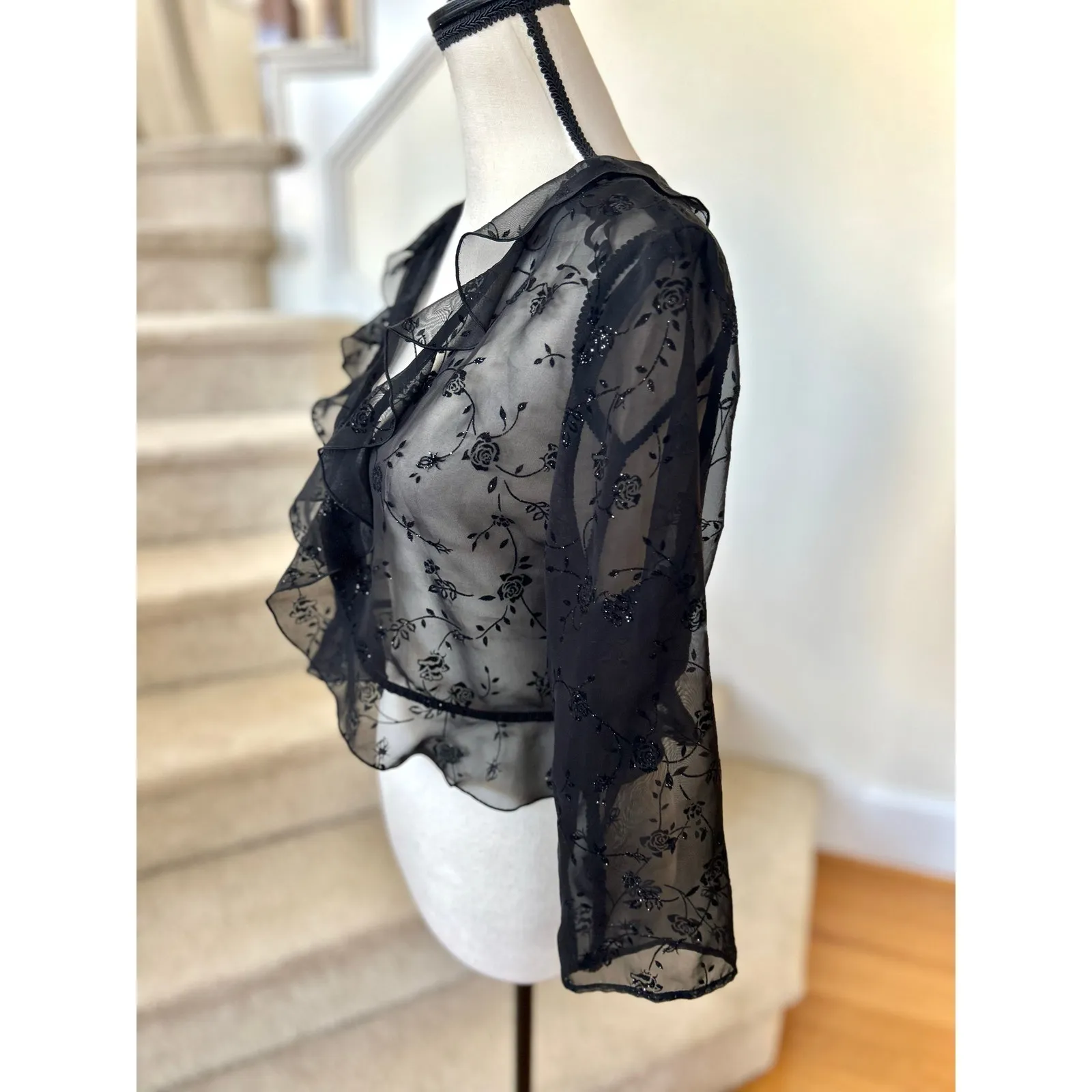 Vintage 90s Black Sheer Floral Ruffle Sparkle Cardigan Whimsygoth Regency Fairy - Image 3