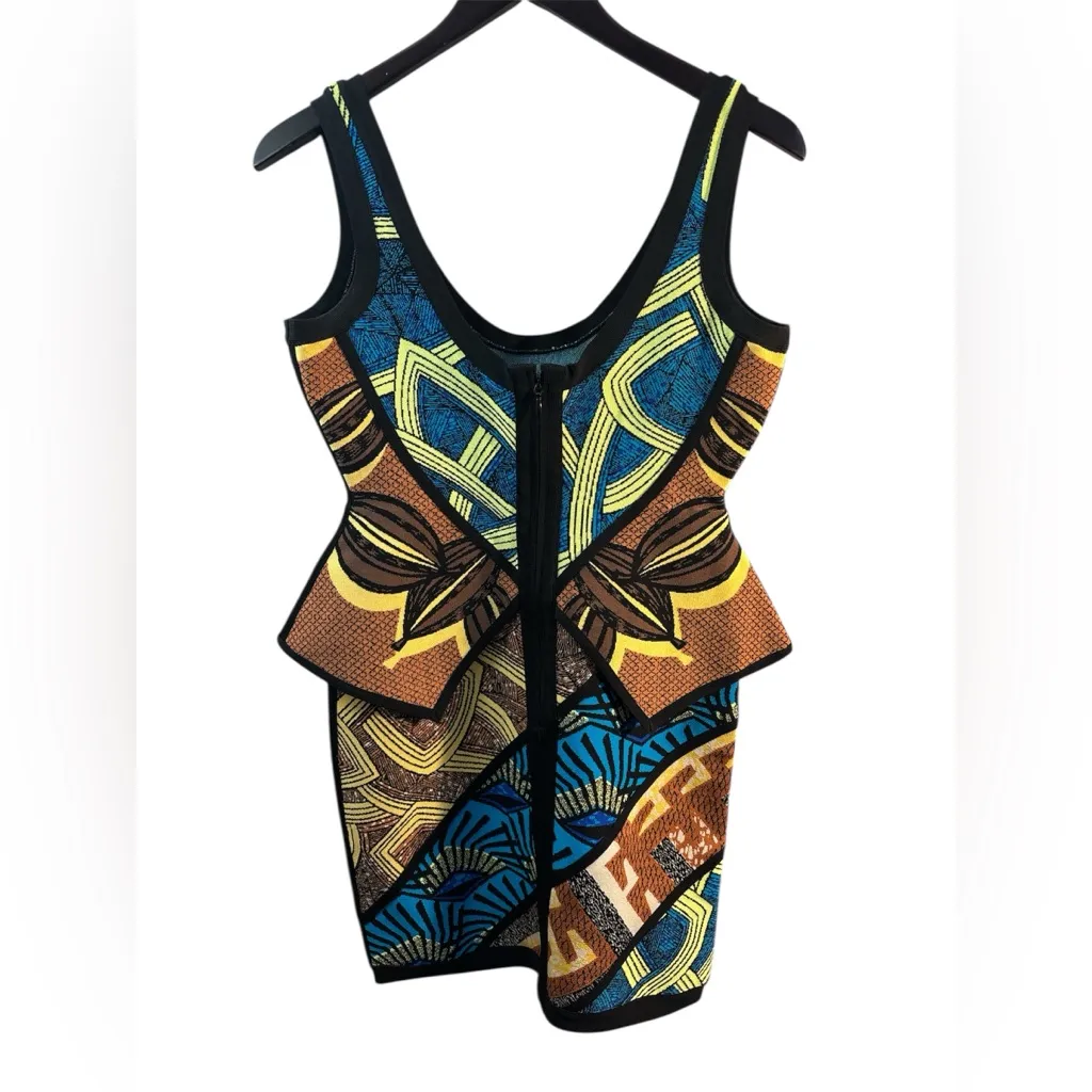 Herve Leger Aron Tribal Jacquard Peplum Dress Large MSRP $1790 Bodycon Bandage - Image 4