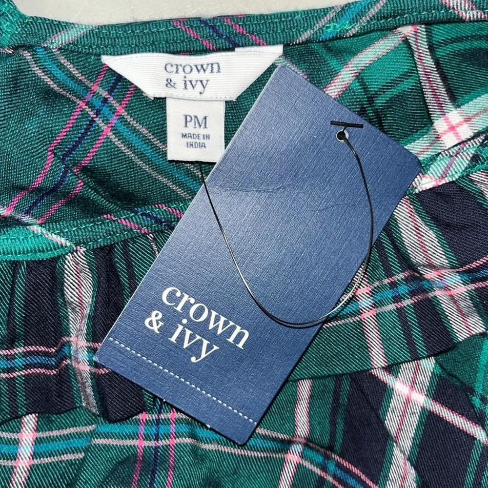 Crown & Ivy Petite NWT Size PM Green & Blue Plaid Keyhole Flannel Dress - Image 6