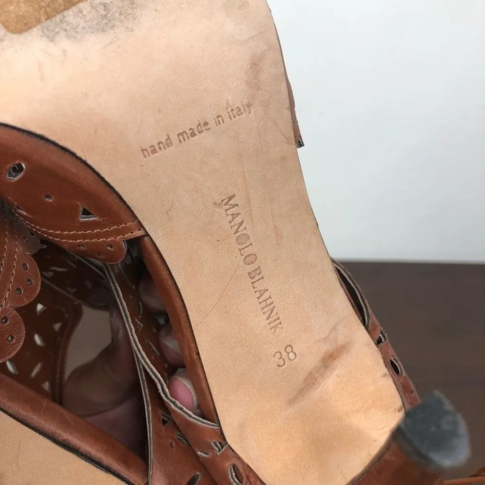 Manolo Blahnik Brown Perforated Open Toe Lace Back Sandals Heels Size 38 - Image 8