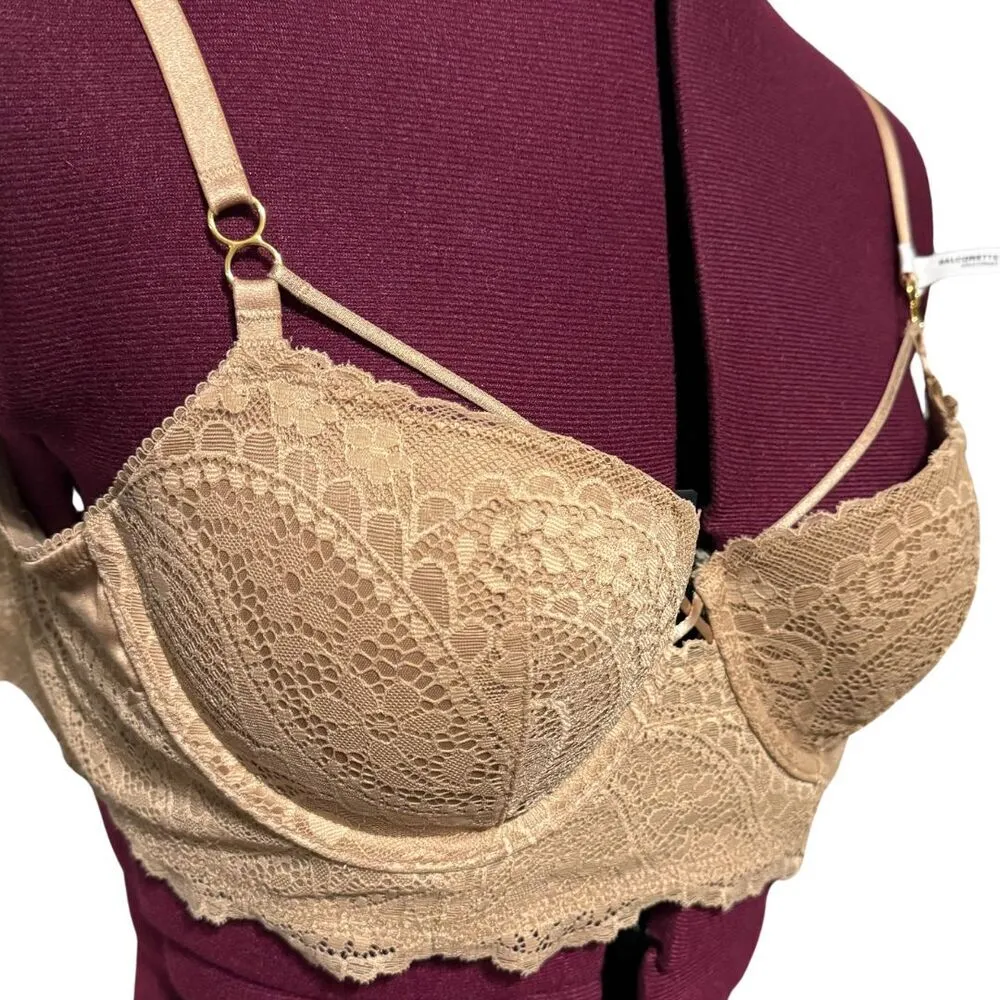 AERIE Real Power Lace Balconette Push Up Padded Lace Bra Dark Nude NWT 34C - Image 3