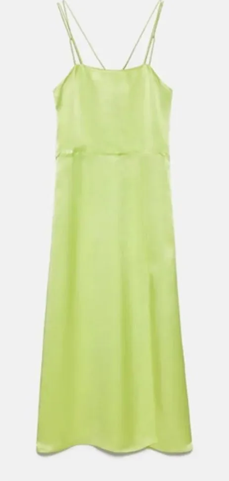 green emerald velvet dress Zara Neon Lime Green Cami Satin Midi Dress
