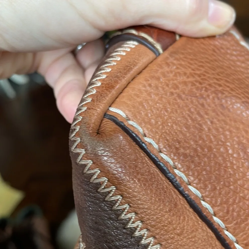 Fossil genuine leather patchwork horizontal stripe hobo shoulder bag cognac - Image 13