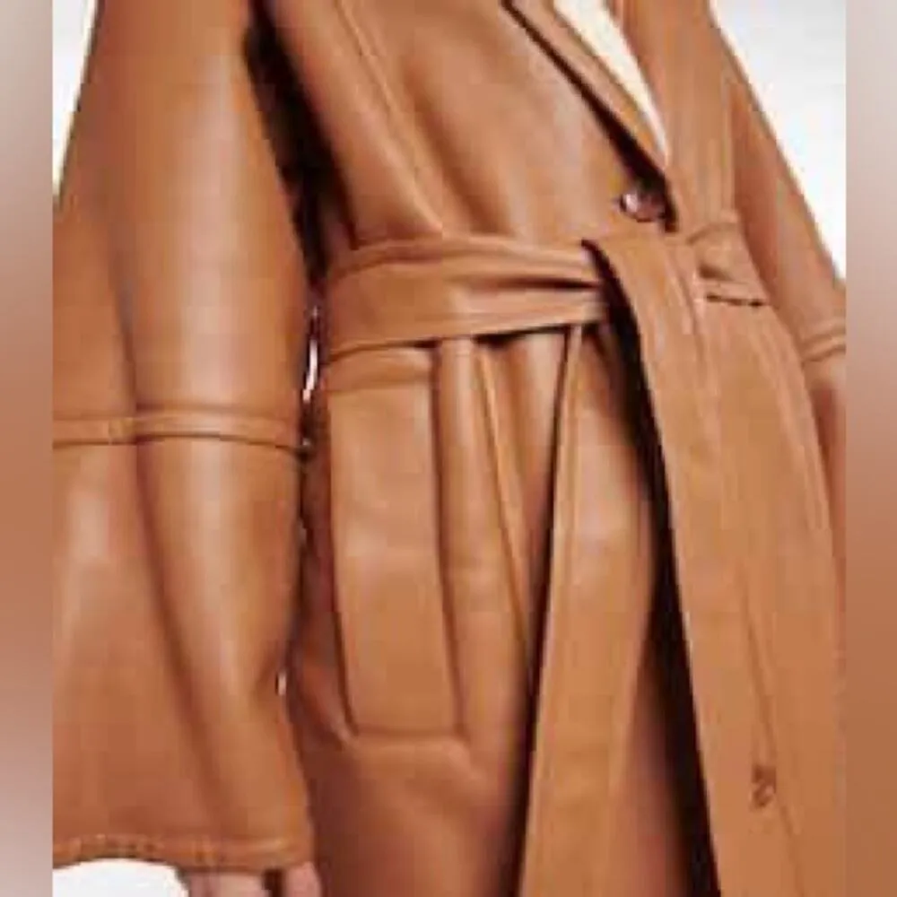Stand Studio Dolores Tan Belted Shearling Shawl Collar Faux Leather Coat Size 8 - Image 8