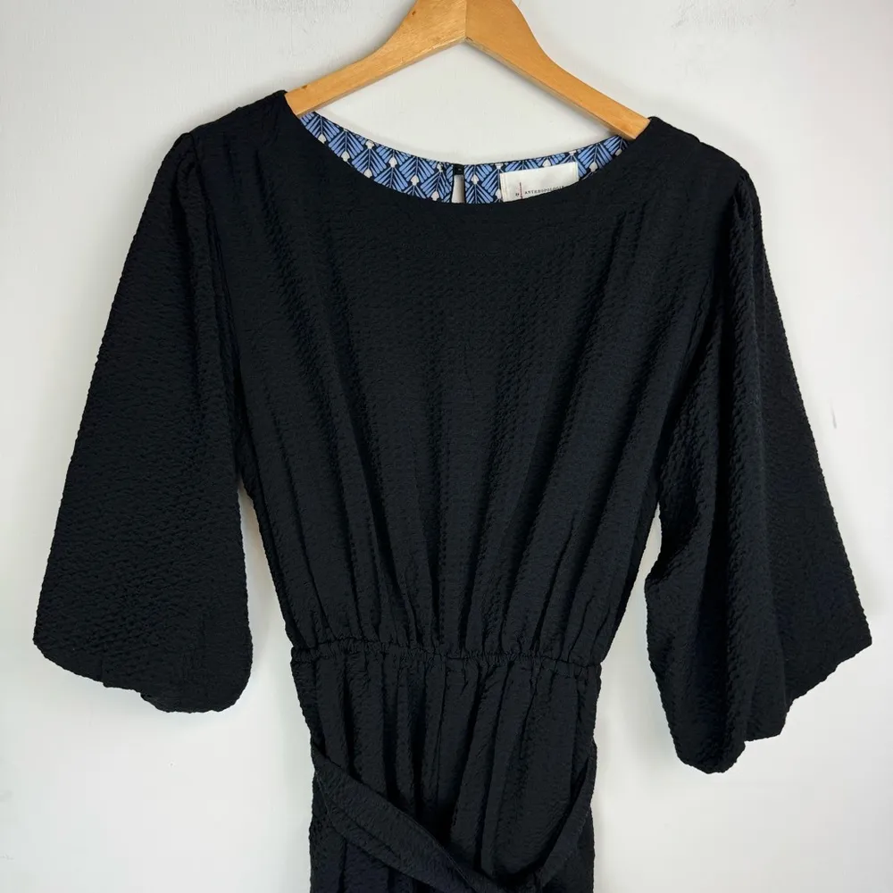 Anthropologie Balloon Puff Sleeve Romper Sz Small Black Tie Belted Waist - Image 4
