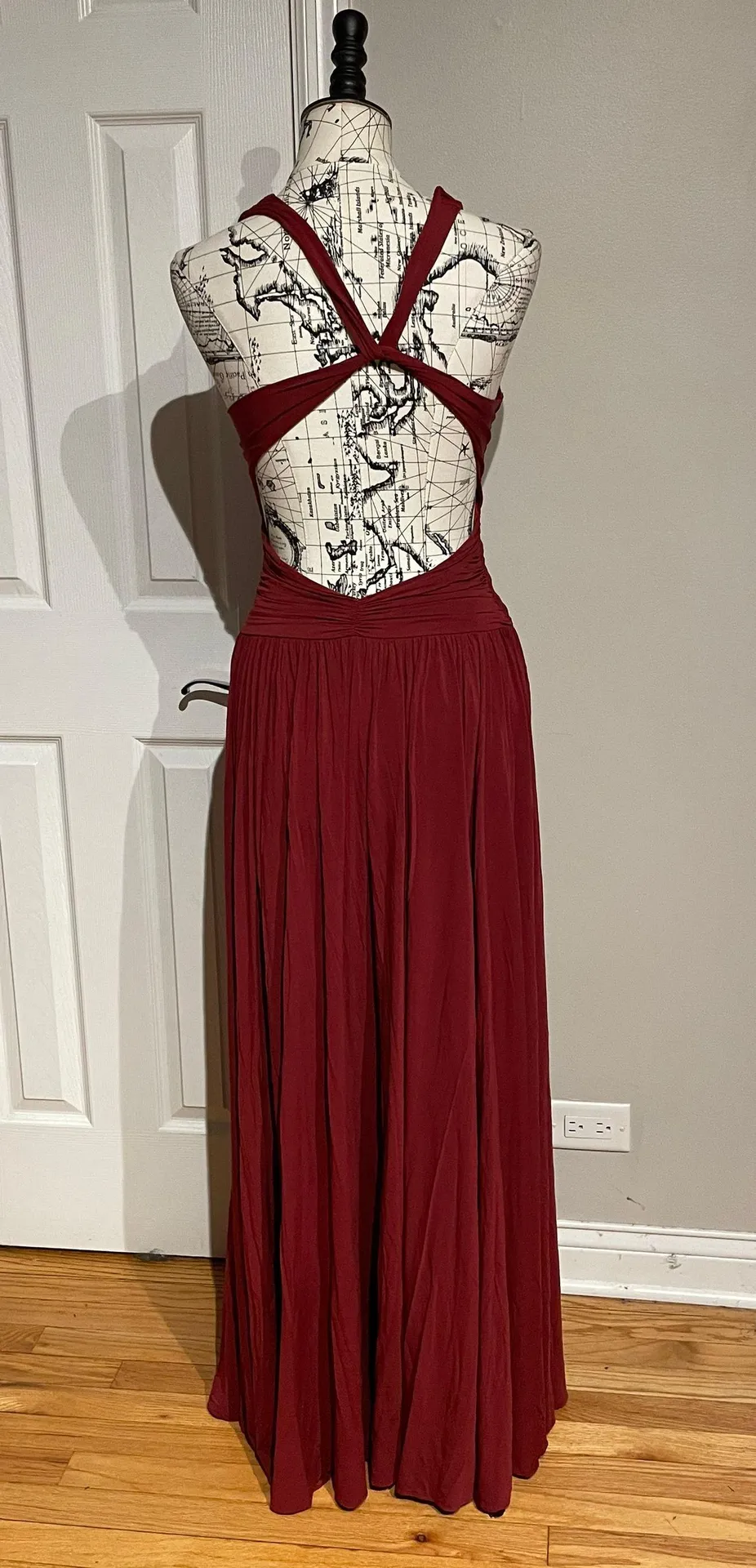 Wine Pleated Fit Flare Crisscross Open Back Colorful Coquette Formal Evening Prom Burgundy  - Image 2