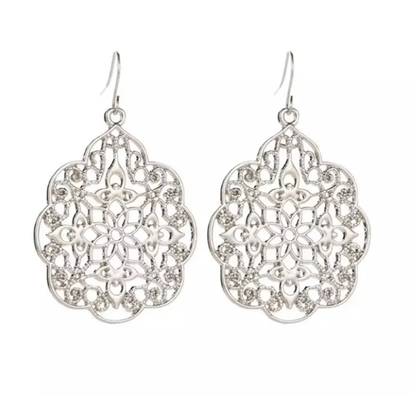 Silver Flower Leaf Boho Statement Earrings - Image 2