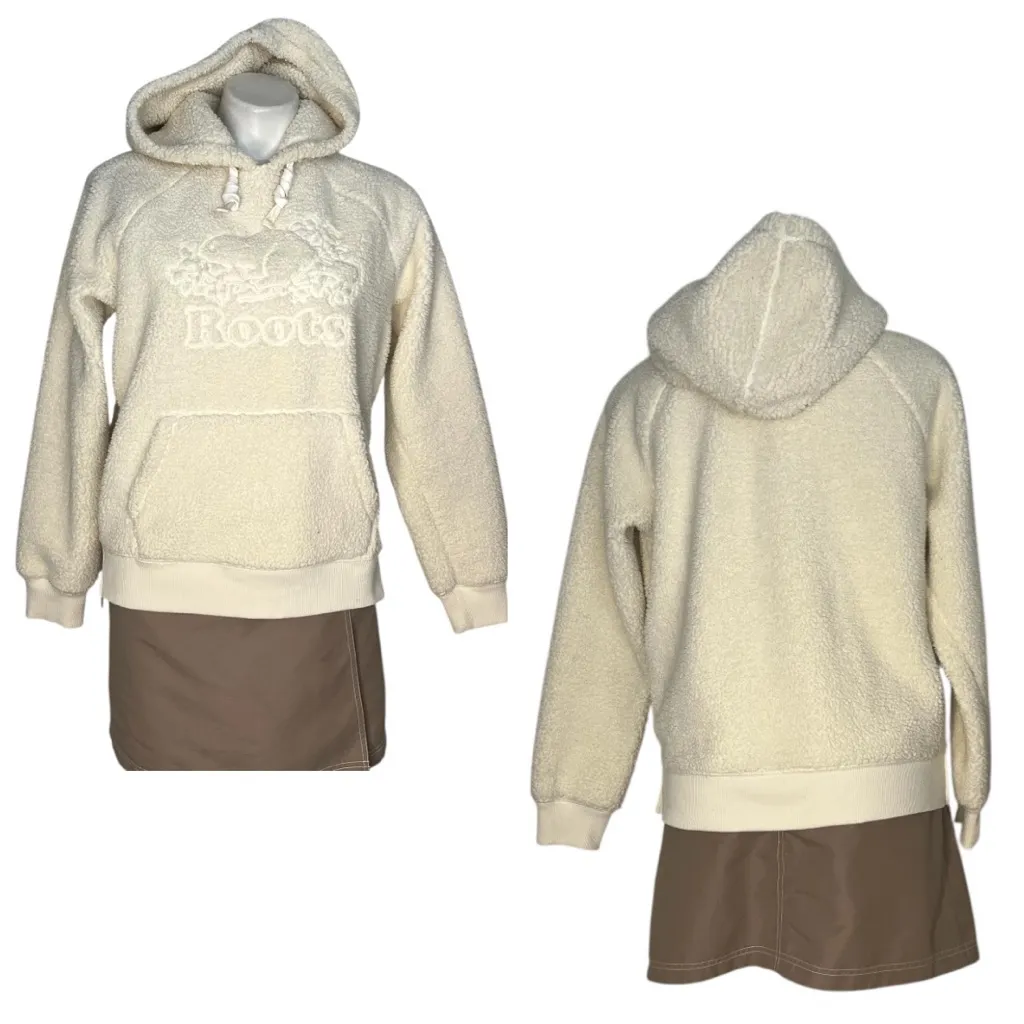 ROOTS Sherpa Hoodie Sweatshirt Thick Plush Cream Color Beaver Logo Womens Size M - Image 11