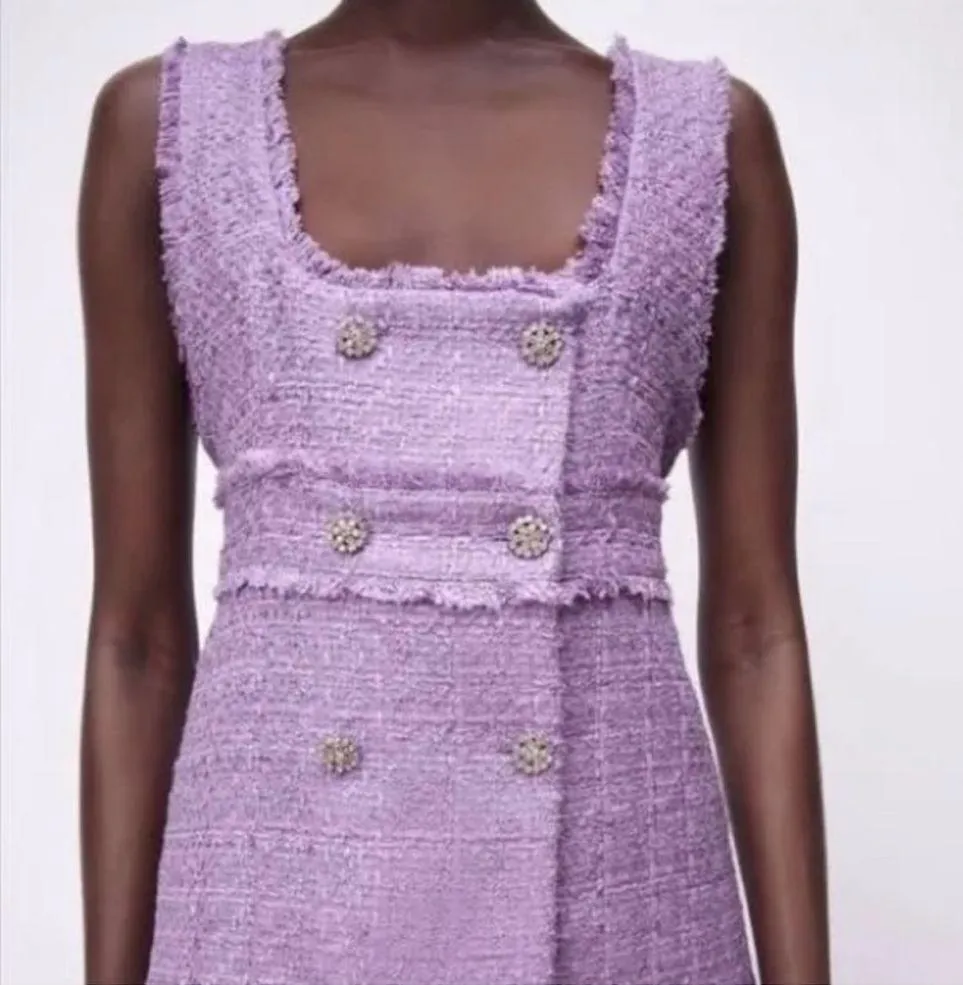 Zara Purple Tweed Double Breasted Rhinestone Button Dress Size Small - Image 2