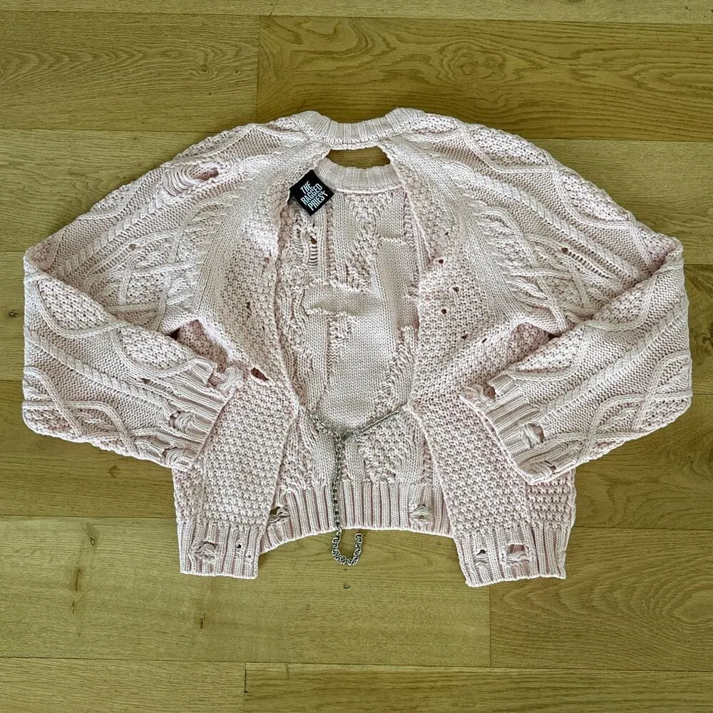 The Ragged Priest - Open Back Distressed Cable Knit Sweater in Light Pink - Image 3
