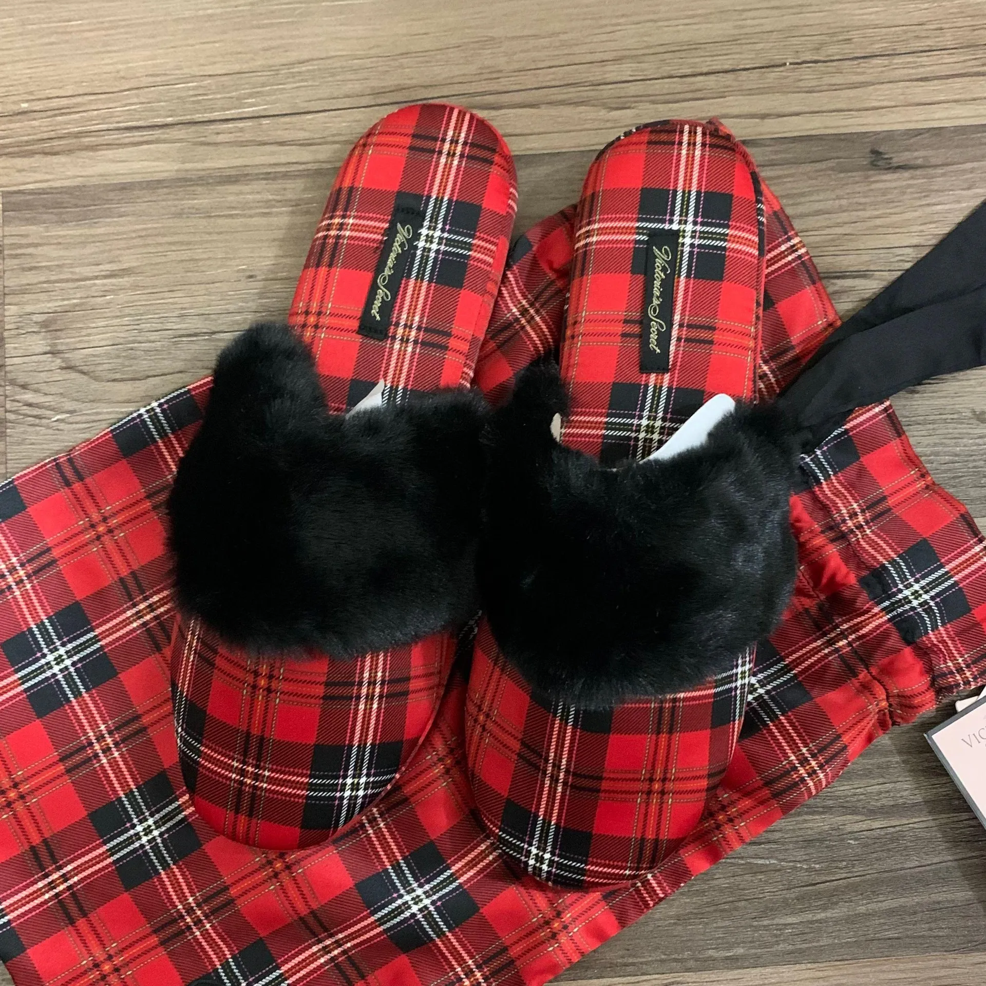 Black & Red Plaid Satin Slippers - Image 9