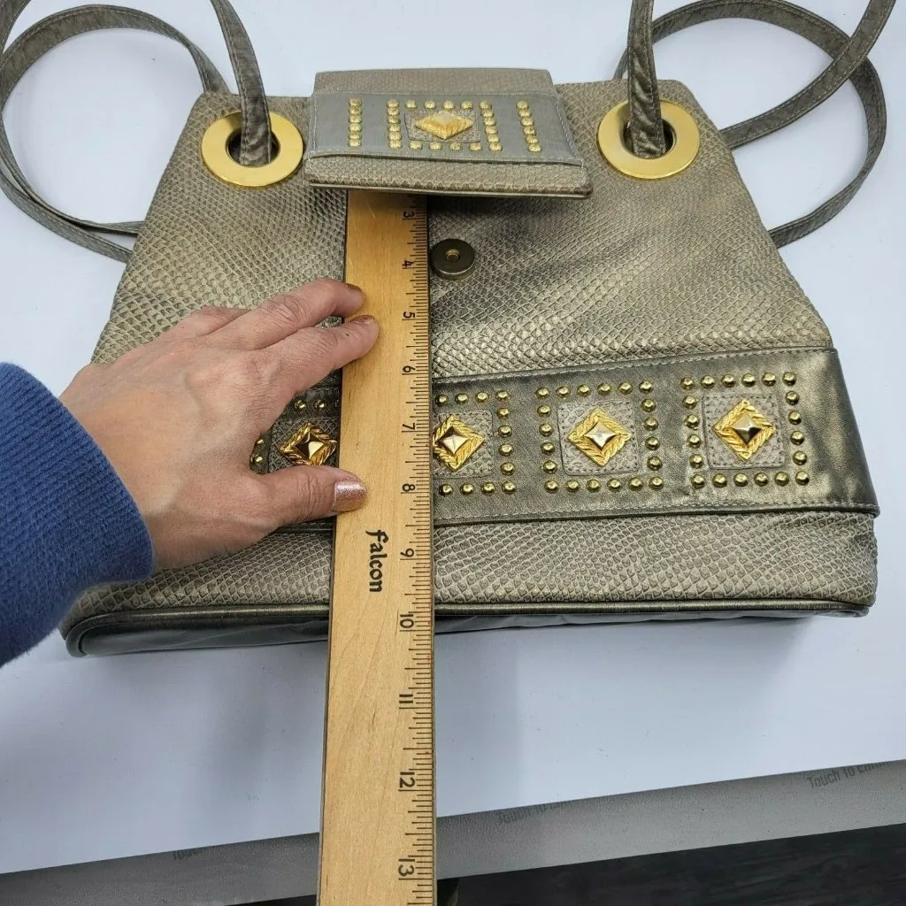 Bags by Pinky Vintage Metallic Silver Leather Shoulder Gold Studs Grommets USA - Image 12