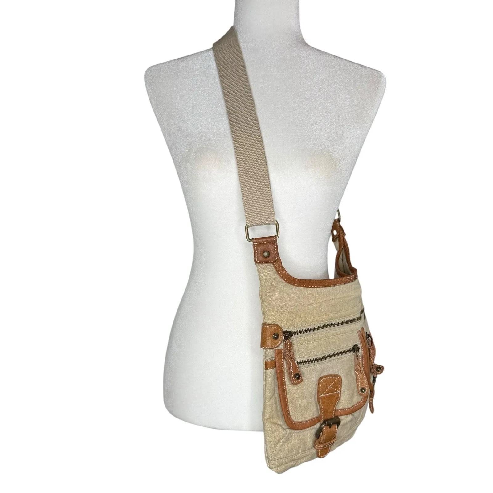 Fat Face Y2K Canvas‎ Leather Crossbody Messenger Bag Utility Pockets Rare Unused Tan - Image 12