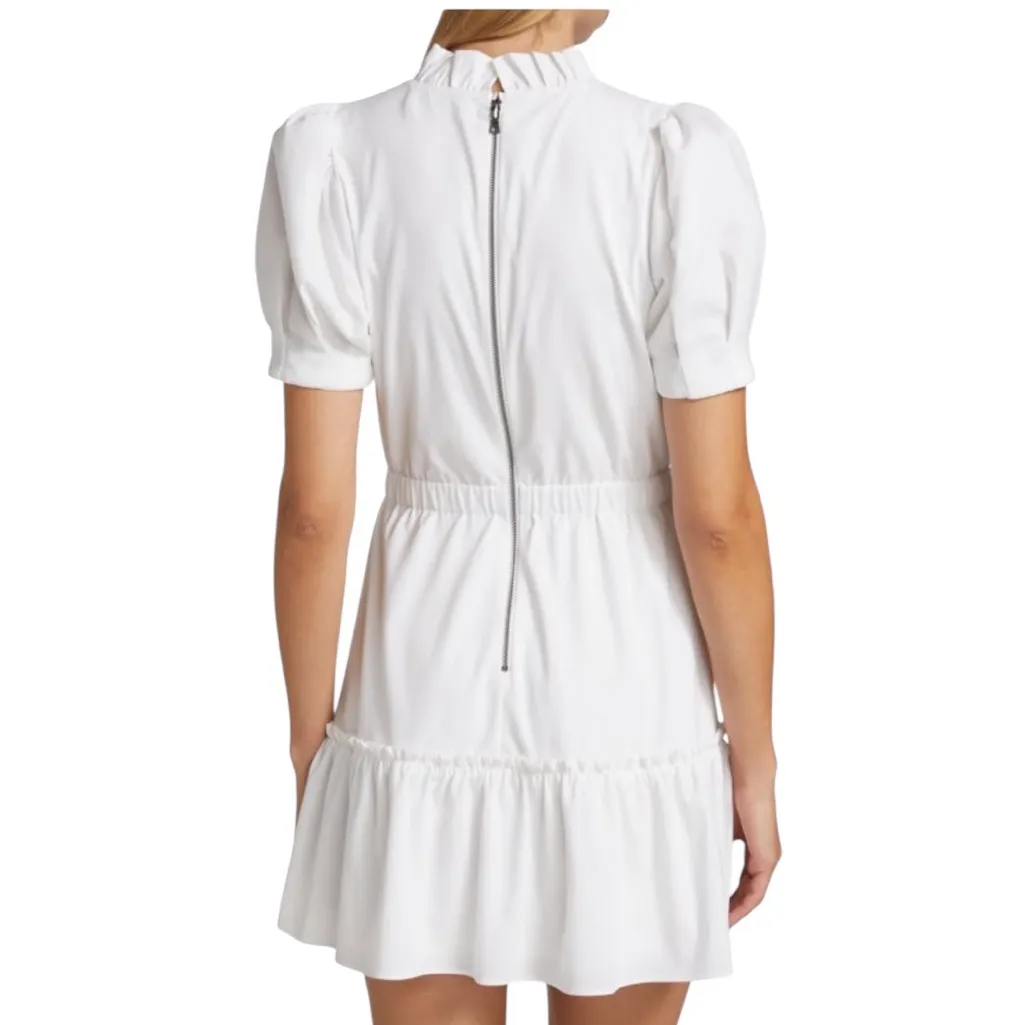 ALICE & OLIVIA VIDA PUFF HIGH MOCK NECK CREAM White Ruffle SHORT SLEEVE Dress 10 - Image 3
