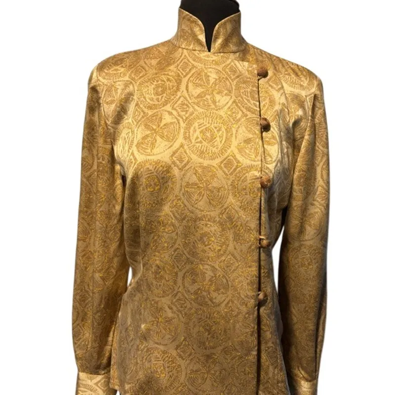 Dana Buchman Vintage 100% Silk Gold Metallic Jacket Top Mandarin Collar Sz 4 - Image 2