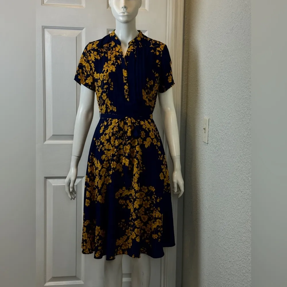 Nanette Lepore  Contrast Of Colors Navy and Yellow Floral Midi Dress Size 8 F46 - Image 3