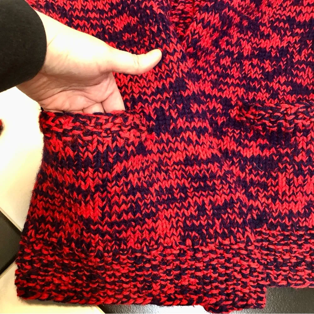 Vintage Handmade Belted Open Sweater Duster Hand Knit Red Orange Navy Crochet ~M Size M - Image 6