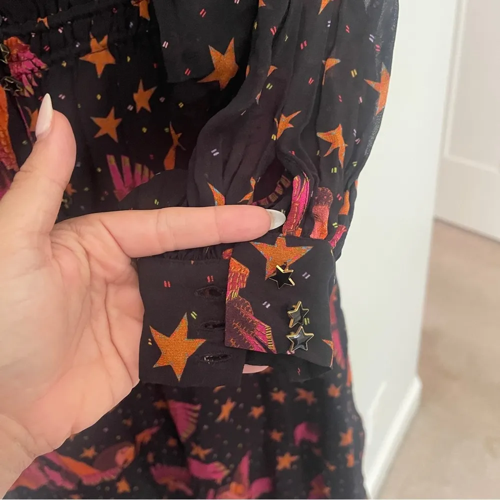 Farm Rio Black Macaws Maxi Dress Star Bird Printed Ruffle V Neck Midi - Image 4