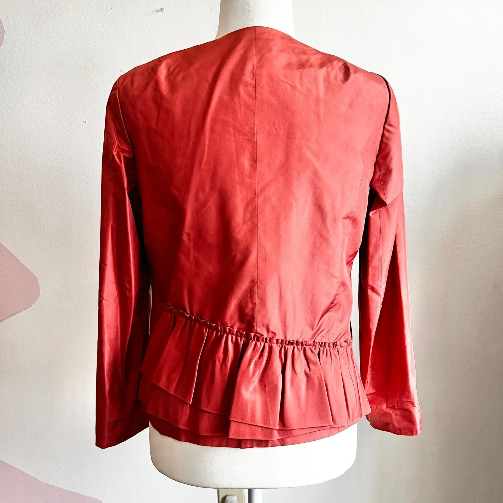 J Crew Ruffle Jacket 100% Silk Classic Luxury Minimalism Timeless Workwear Sz 2 Orange - Image 3