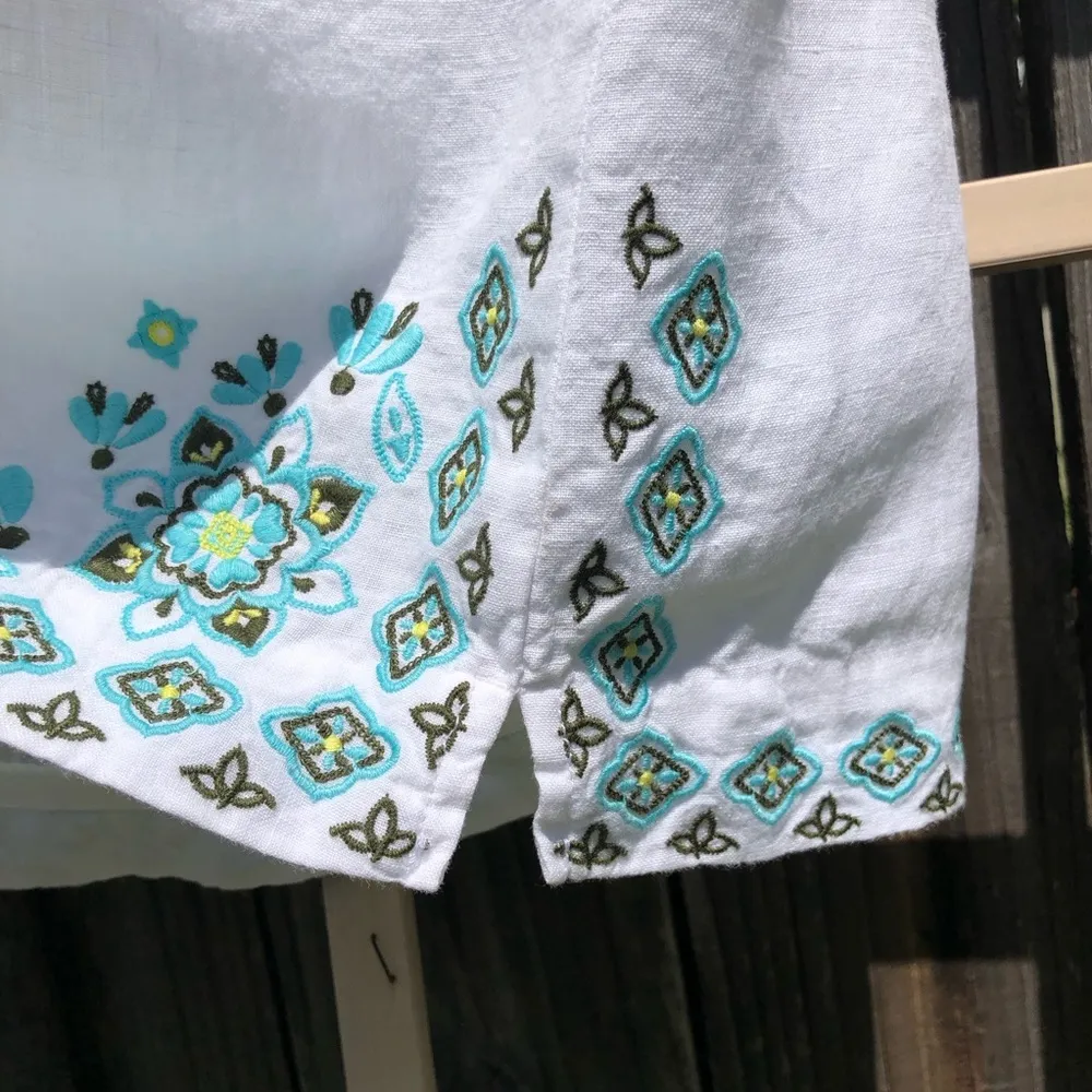 J. Jill White 100% Linen Floral Turquoise Embroidery Sleeveless Dress - M - Image 6