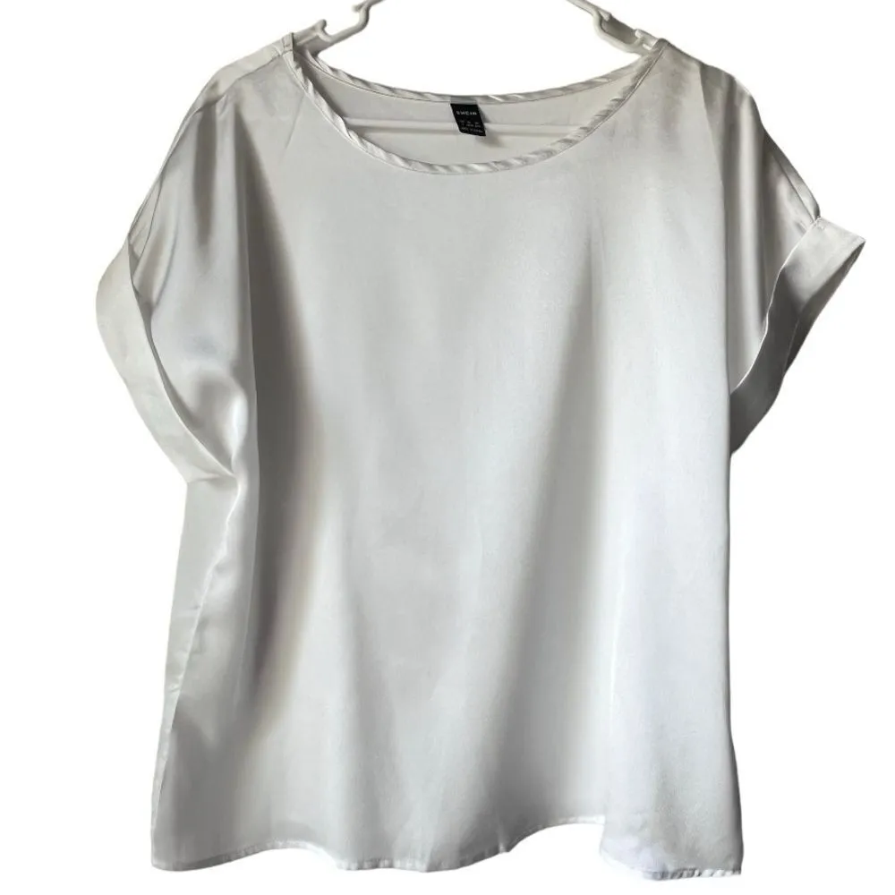 Cottagecore Women’s white shorts sleeve shirt blouse round neck lightweight L - Image 2