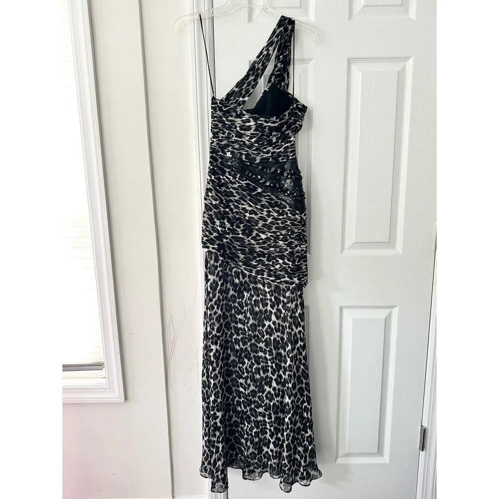 Pinko One Shoulder Grey Leopard Print Open Slit Semi Sheer Long Gown Jewel Waist Gray Size XS - Image 14