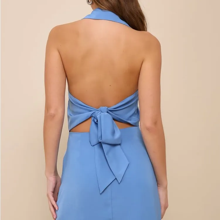 Lulus Extremely Chic Blue Collared Tie-Back Button-Up Mini Dress Size Small - Image 2