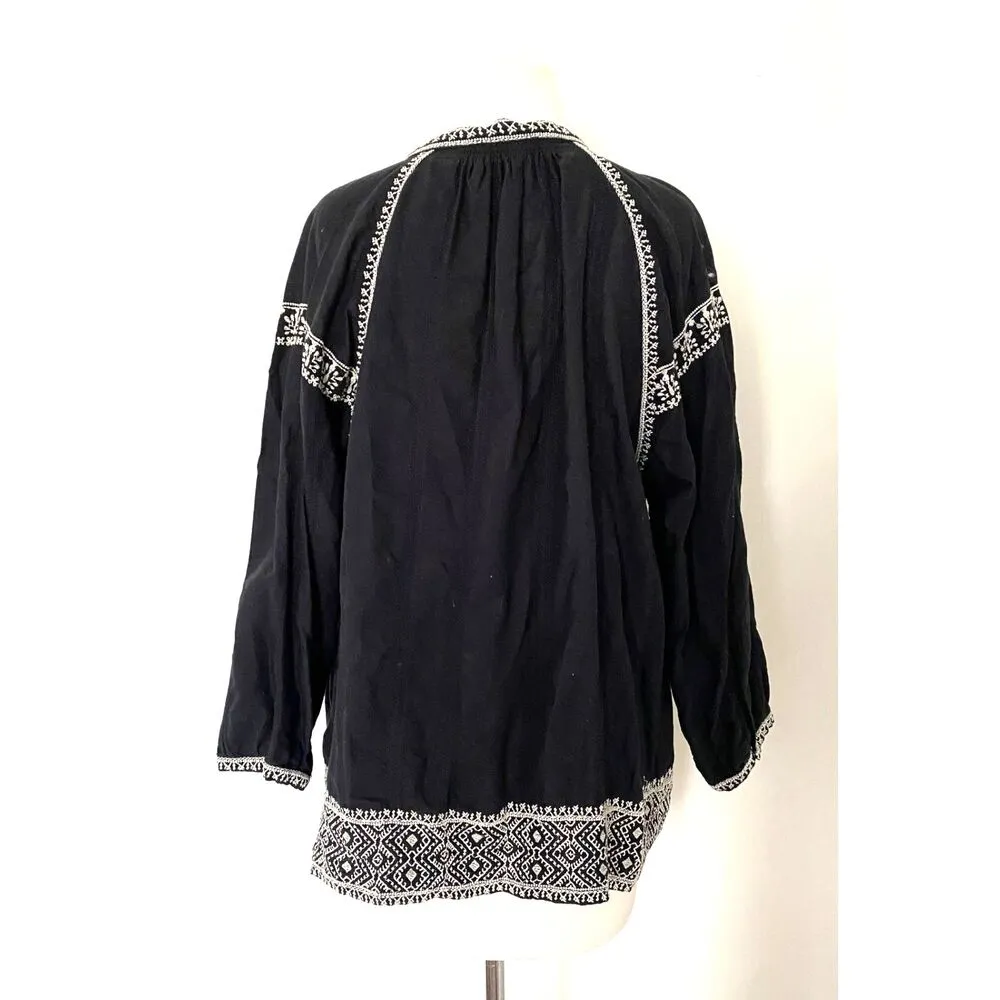 Madewell Camelia Black White Embroidered Boho Peasant Tassel Top Blouse M (flaw) - Image 3