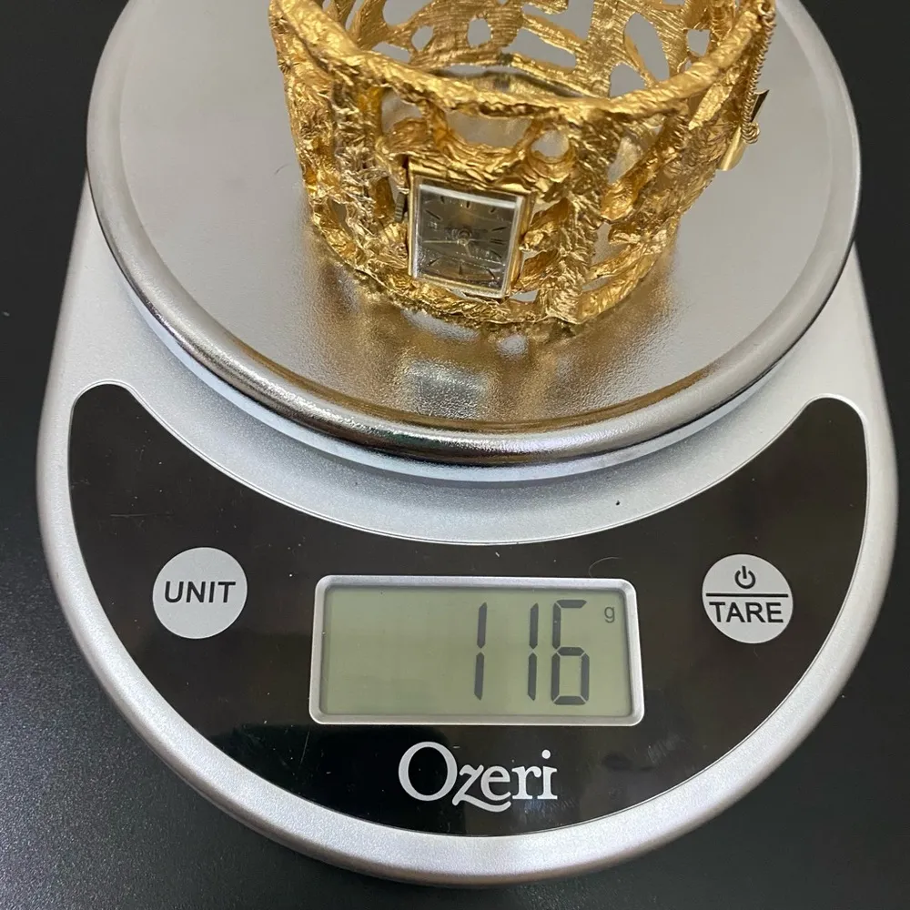 Vintage TRIFARI Jon Bailey Sculptured Goldtone Wide Cuff Wind Up Watch Bracelet - Image 11