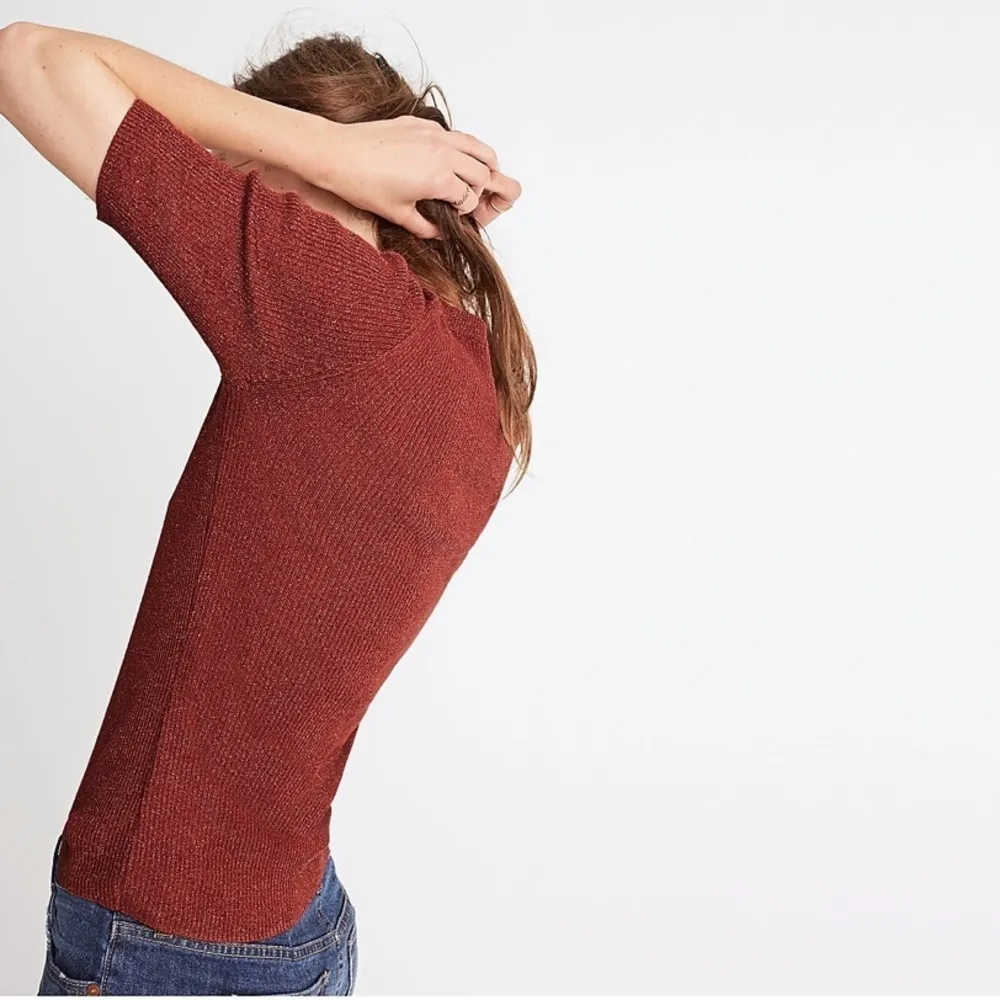 NWT Madewell Evening Sparkle Burnt Orange Ribbed Sweater Short Sleeve Top Small - Image 3