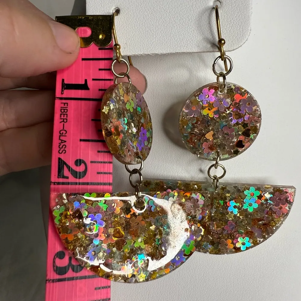 Geometric Holographic Confetti Gold Resin Earrings - Image 4