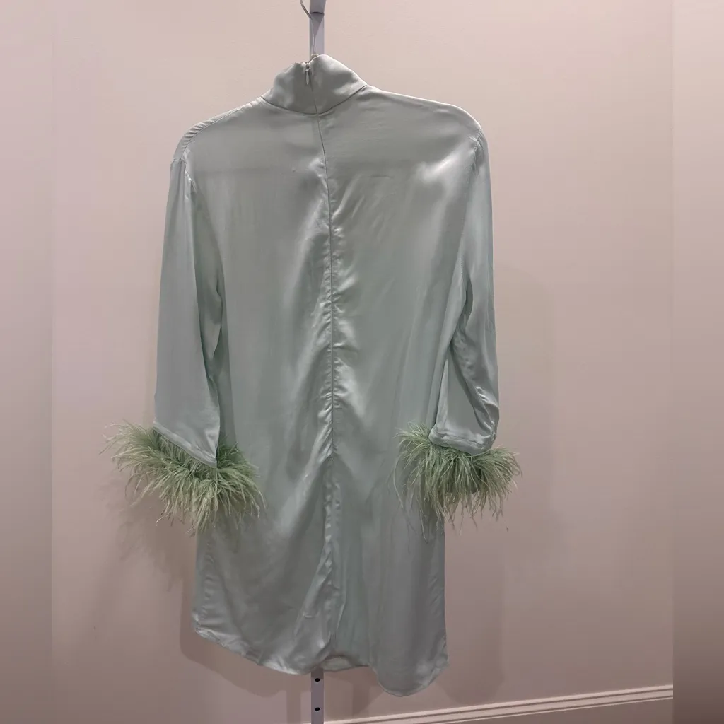 SLEEPER Party Shirt Dress w/Ostrich Feathers Mint Green Size XS NWT Satin Mini - Image 15