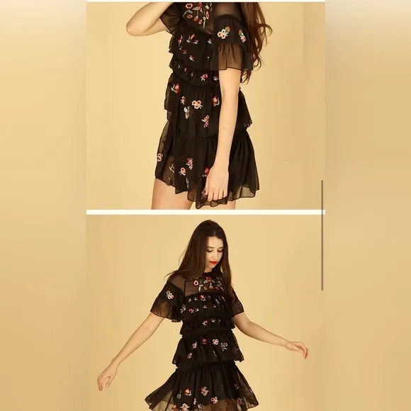 ALPHA & OMEGA Black Floral Embroidered Ruffled Chiffon Tier Babydoll Dress LARGE - Image 2