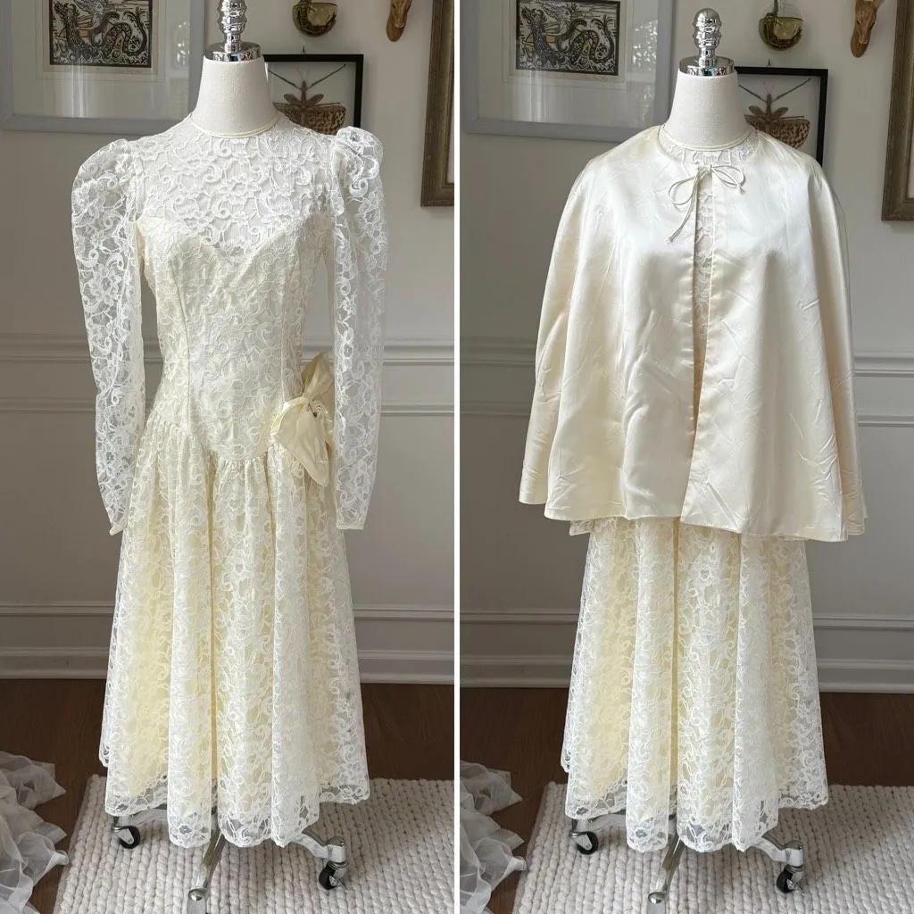 Vintage 80s Elaine’s Victorian Bridal Tea Midi Length Ivory Dress and Cape S White - Image 2
