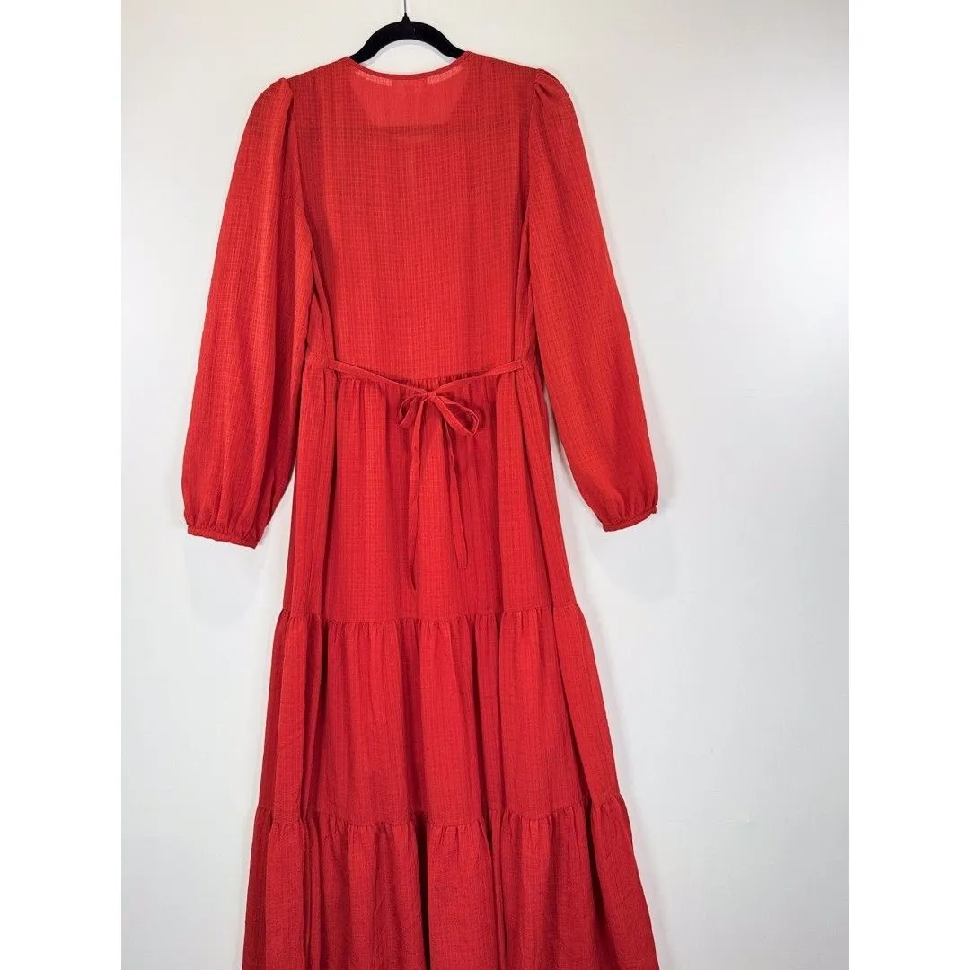 A Loves A Women Dress Red Maxi Puff Sleeve V Neck Plaid Tiered Long Sleeve Small - Image 8