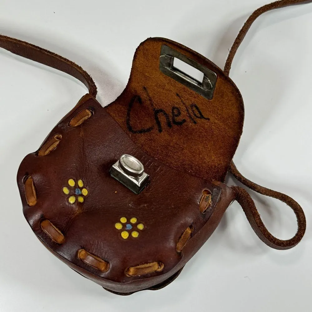 Vintage Mexican Hand Painted Tooled Leather Mini Bag Purse Brown - Image 7