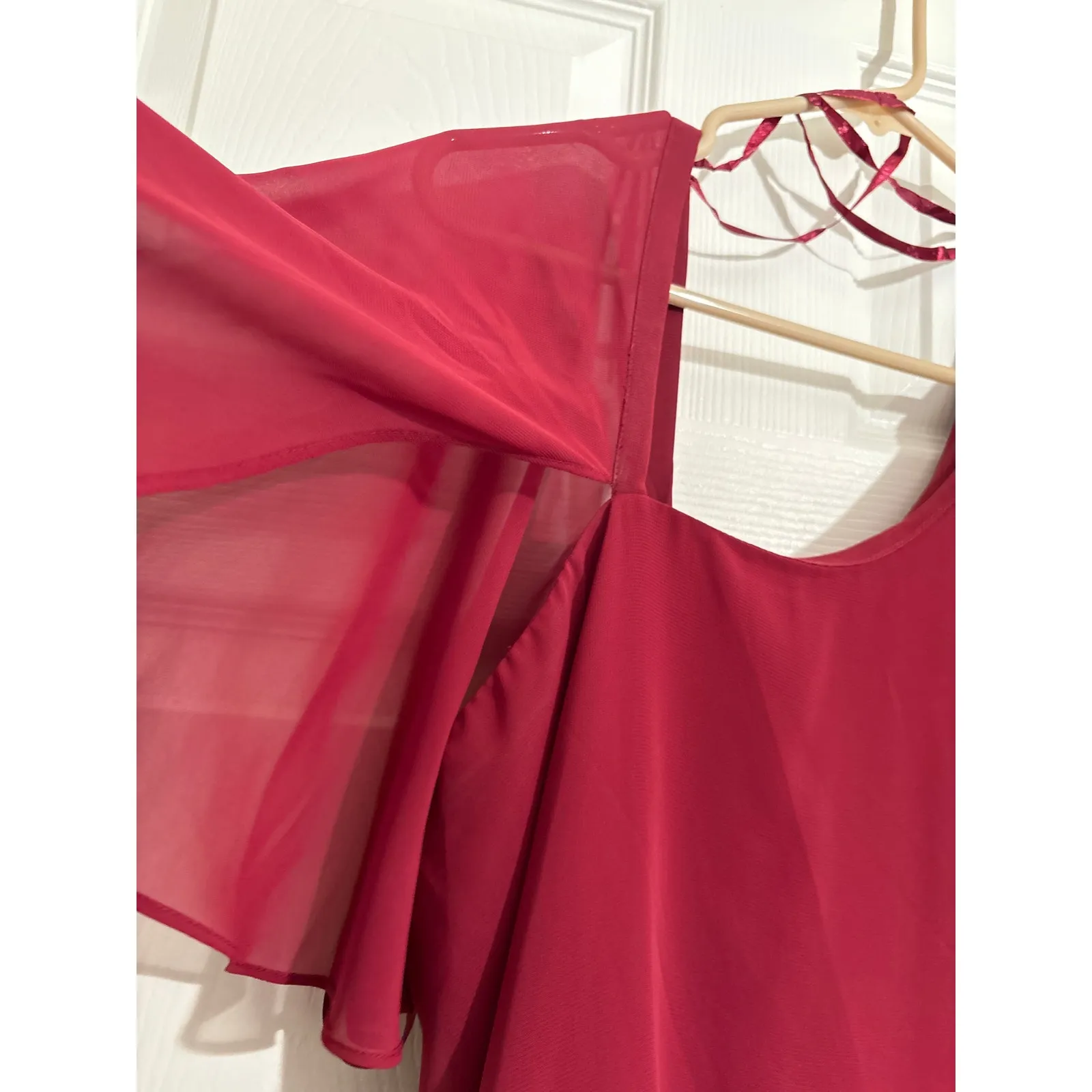 SLNY SL Fashions Georgette Cranberry Red Cocktail Capelet Tiered Dress Size 14 - Image 3