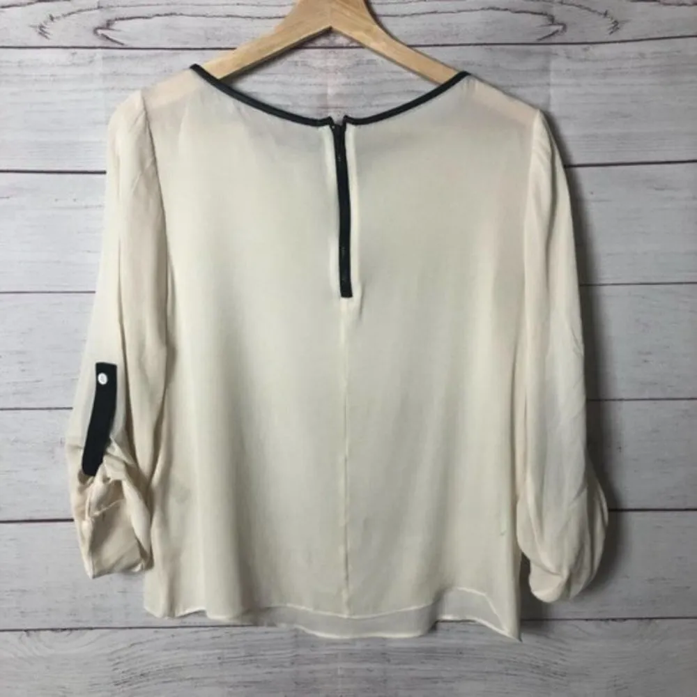 Alice + Olivia Ivory White Sheer Roll Sleeve Faux Leather Trim Long Sleeve S - Image 2