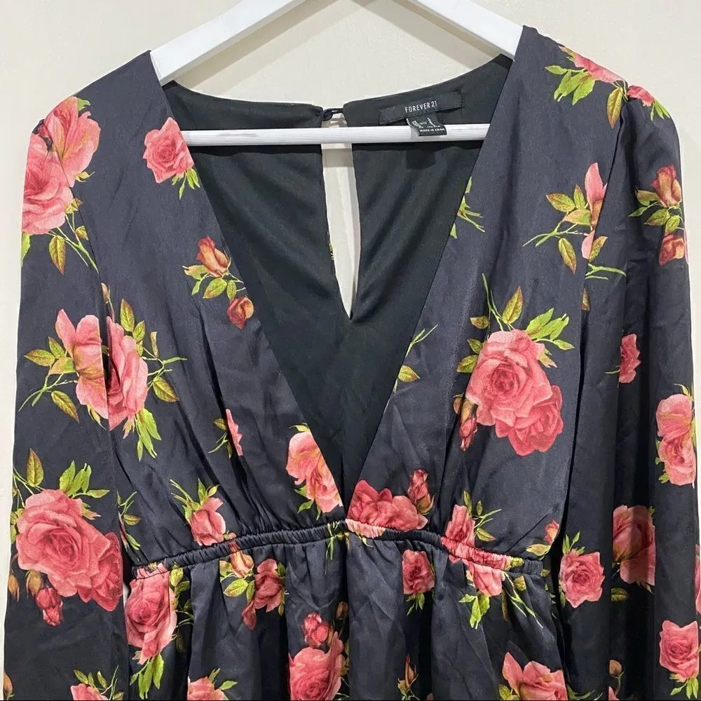 Forever 21 Y2K Black Rose Print Belted Dress baby doll – Large Romantic Grunge - Image 8