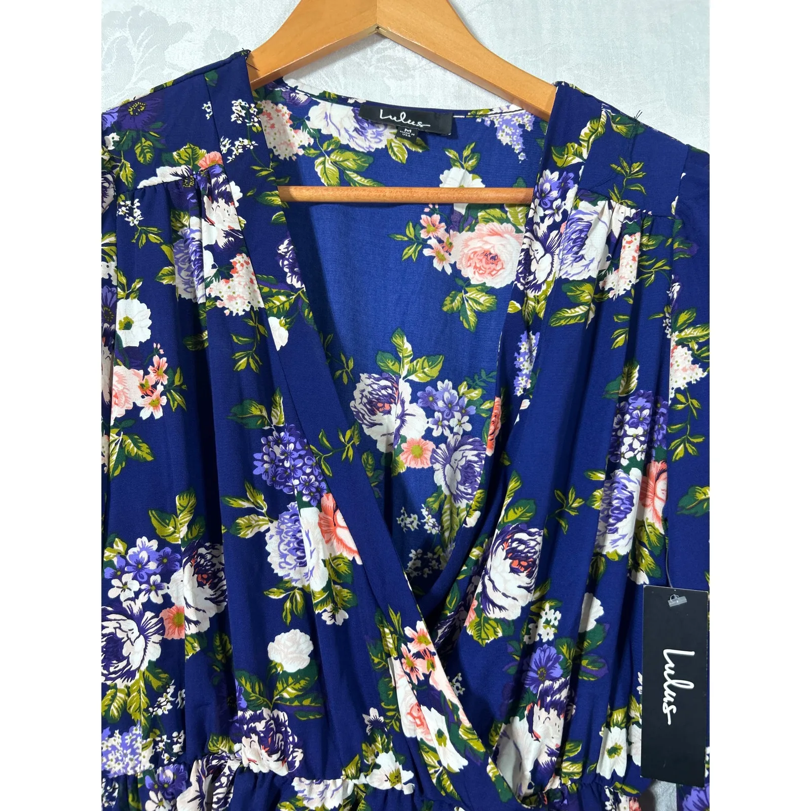 Lulus Faux Wrap Dress Medium Blue Floral NEW Long Sleeve Knee Length - Image 6