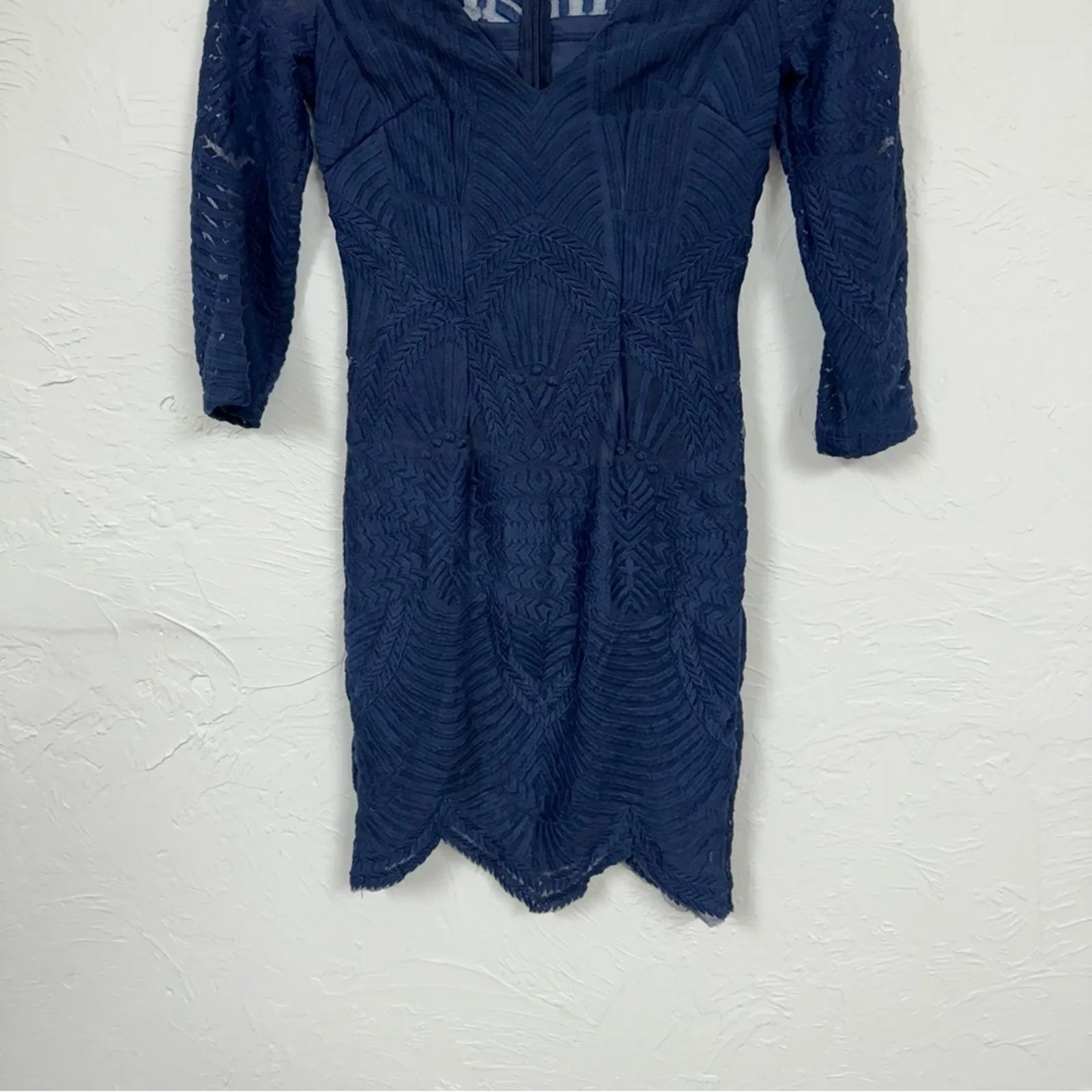 Hello Molly Blue Lace Sheath Dress Womens 6 Sheer Mini Ruffled 3/4 Sleeve Formal - Image 12