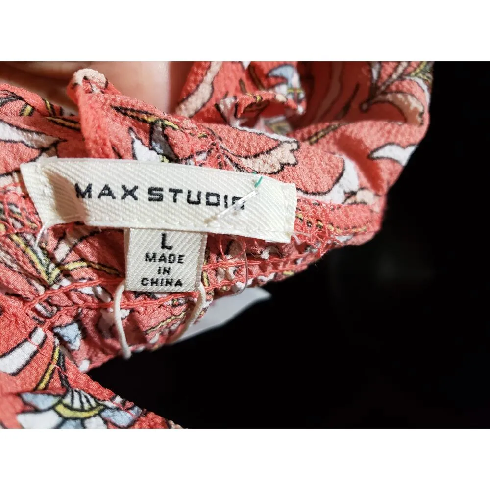 Max Studio Romper Women Large Orange Floral Smocked Waist Ruffle Trim V Neck - Image 3