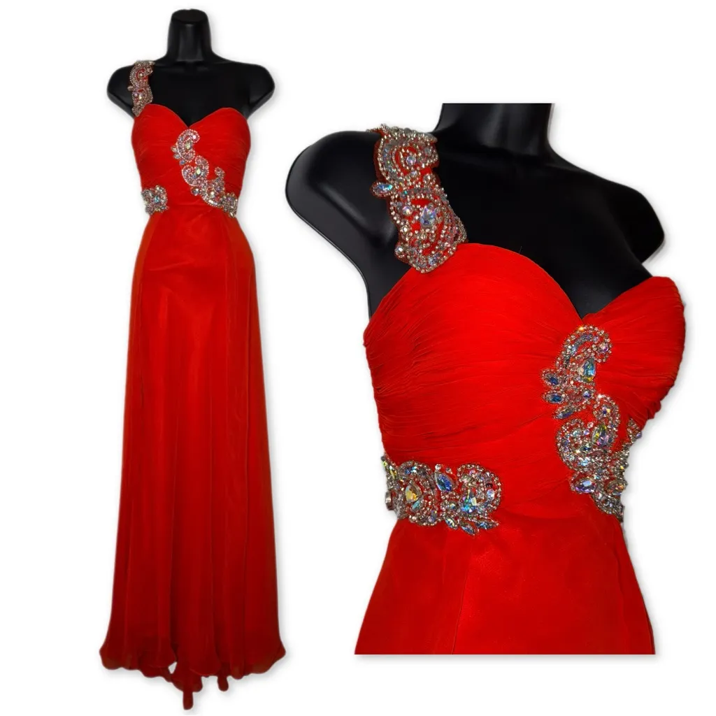 Riva Designs Beaded One Shoulder Formal‎ Red Dress Floor Length Evening Gown Size 0 - Image 2