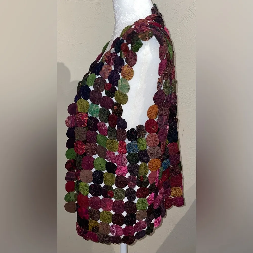 Women’s Vintage Silk Rosette Yoyo Vest Handmade Boho Cottage Craft Yo - Image 3
