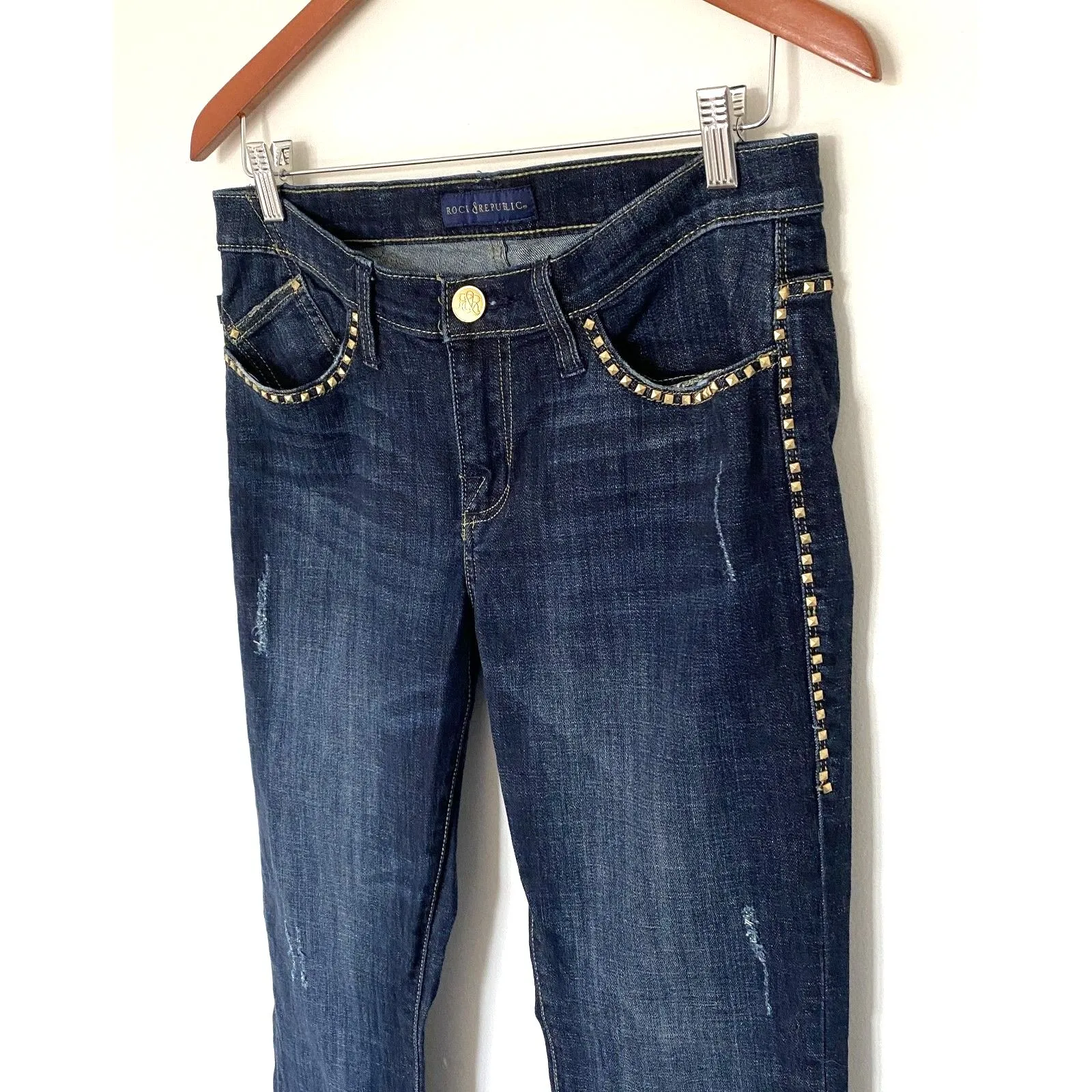 Rock & Republic Kasandra Y2K Dark Wash Bootcut Jeans Gold Studs Distressed Sz 10 - Image 9